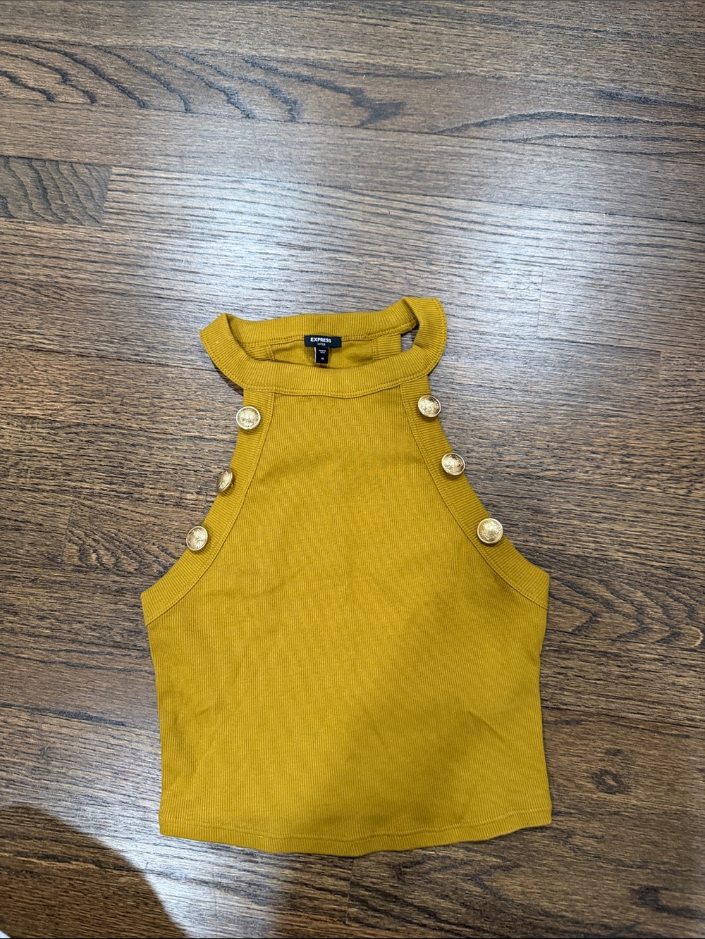 Express Ribbed Halter Crop Tank in Mustard with Gold Buttons